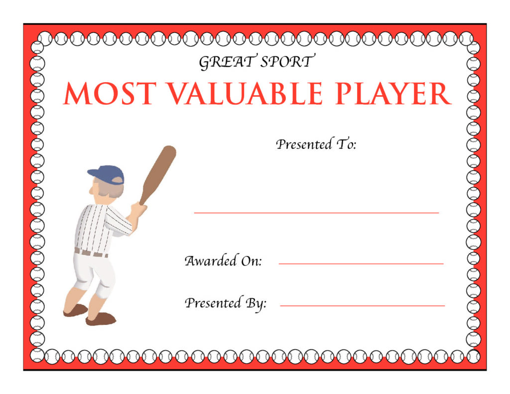 baseball MVP award certificate