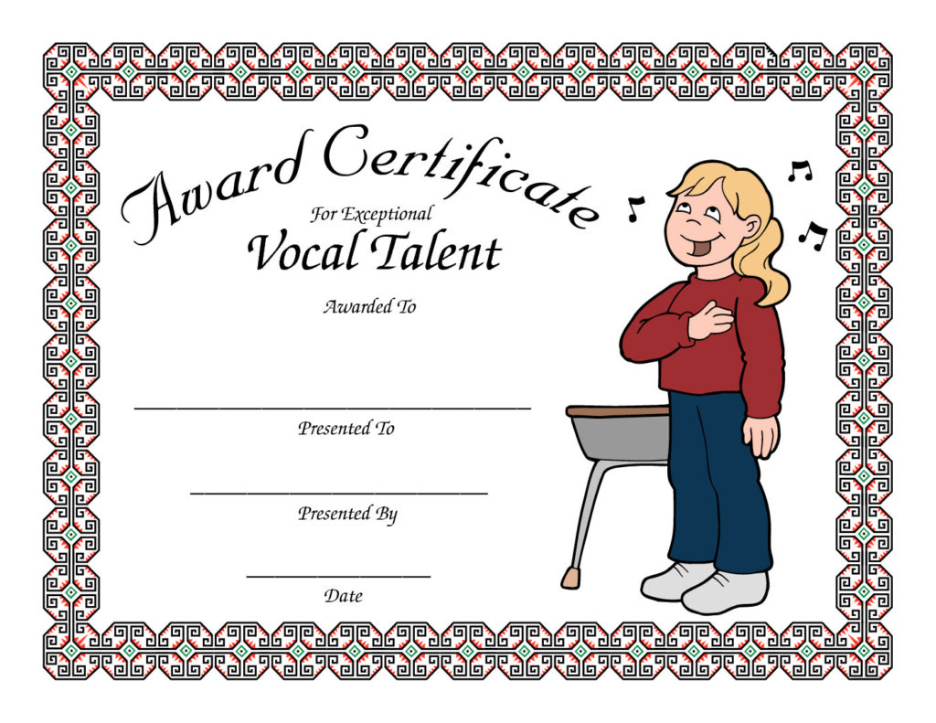 Vocal Talent Award Certificate